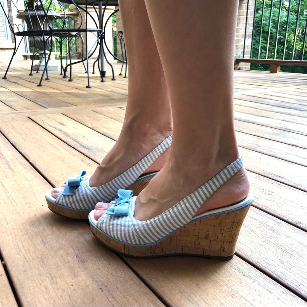 Sperry Top-Sider Blue White Seersucker Cork Wedges